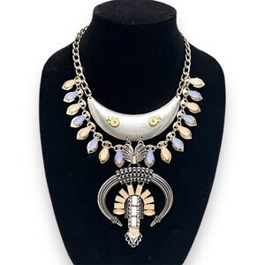Crescent Moon Custom Statement Bib Necklace, abstract squash blossom,silver tone